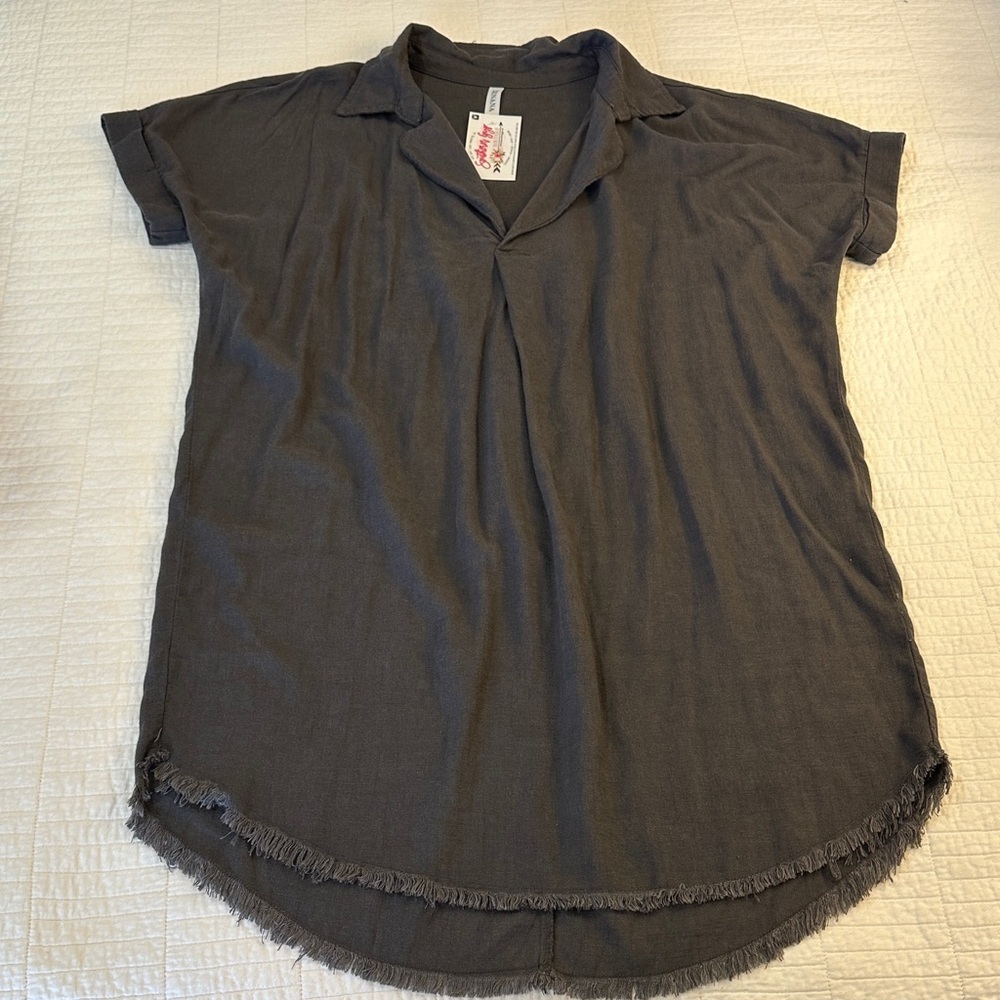 Gray Medium Tunic High Low Hem Long Top V Neck Dolman - Picture 2 of 6
